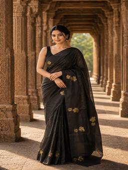 AMRUTKALA SAREES - Designer Black Linen Printed Saree