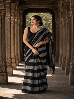 AMRUTKALA SAREES - Women Black Designer Linen Printed Saree