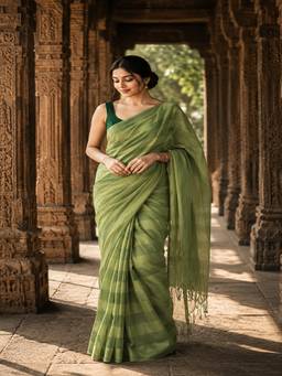 AMRUTKALA SAREES - Green Designer Linen Printed Saree
