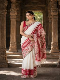 AMRUTKALA SAREES - White Designer Linen Printed Saree