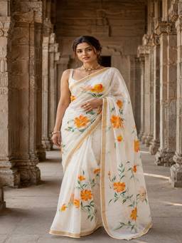 AMRUTKALA SAREES - Women Beige Designer Linen Printed Saree