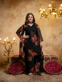 Lush Glam - Black Chiffon Silk Embroidered Kurta and Palazzo with Dupatta