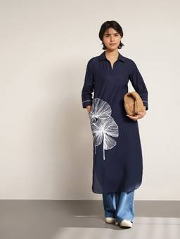 Pink Fort - Navy Blue Cotton Floral Shirt Collar Kurta with Pant