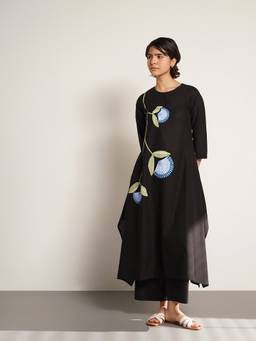 Pink Fort - Black Cotton Asymmetric Floral Kurta with Pant