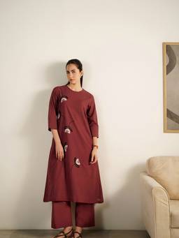 Pink Fort - Maroon Cotton Floral Placement Print Kurta with Pant