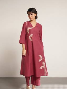 Pink Fort - Red Cotton Printed A-Line Kurta with Pant