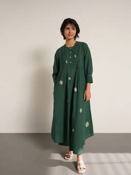 Pink Fort - Green Cotton Floral A-Line Kurta with Pant