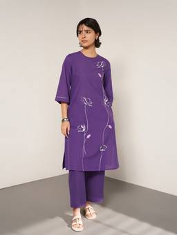 Pink Fort - Purple Cotton Placement Floral Print Kurta with Pant