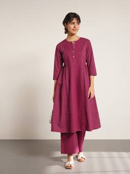 Pink Fort - Magenta Cotton Polka Print A-Line Kurta with Pant