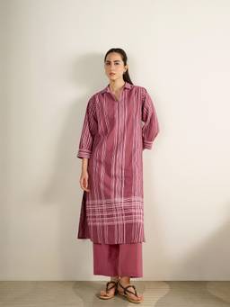 Pink Fort - Red Cotton Striped Shirt Collar Kurta with Pant