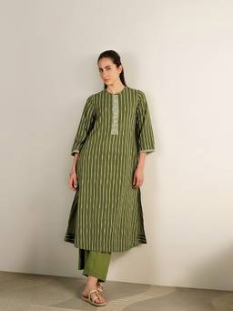 Pink Fort - Olive Cotton Striped A-Line Kurta with Pant