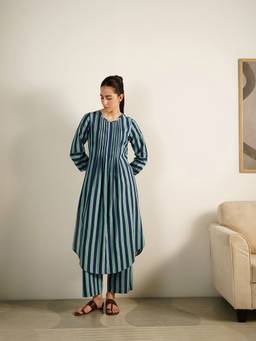 Pink Fort - Teal Cotton Striped Round Neck Kurta with Pant
