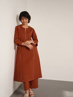 Pink Fort - Rust Cotton Solid A-Line Kurta with Pant
