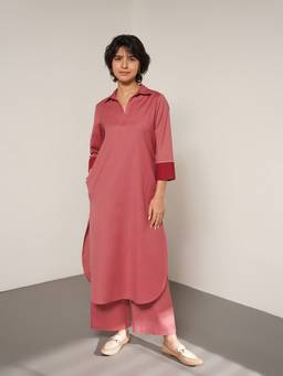 Pink Fort - Pink Cotton Colourblock Shirt Collar Kurta with Pant