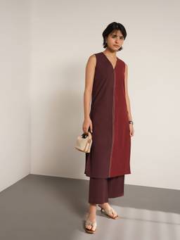 Pink Fort - Brown Cotton Colourblock A-Line Kurta with Pant