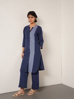 Pink Fort - Blue Cotton Colourblock A-Line Kurta with Pant