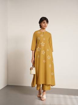 Pink Fort - Mustard Cotton Floral Round Neck Kurta with Pant