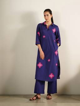 Pink Fort - Purple Cotton Ethnic Motif Shirt Collar Kurta with Pant