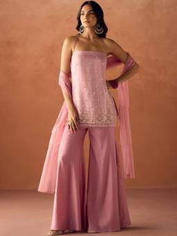 Lush Glam - Pink Raw Silk Embroidered Kurta and Palazzo with Dupatta