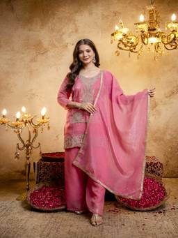 Lush Glam - Pink Raw Silk Embroidered Kurta and Palazzo with Dupatta