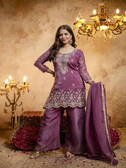Lush Glam - Peach Raw Silk Embroidered Kurta and Palazzo with Dupatta