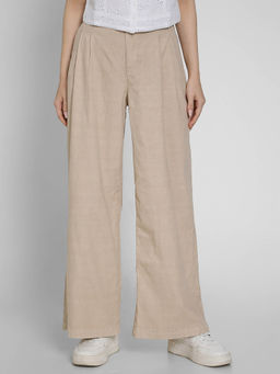 American Eagle - Women Beige Stretch Linen-Blend High-Waisted Wide-Leg Trouser