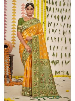 Sangam Prints - Yellow Silk Woven Zari Work Traditional Tassel Saree with Unstitched Blouse