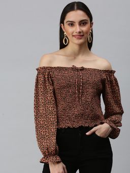 SHOWOFF - Women Off Shoulder Balloon Sleeve Animal Print Rust Top