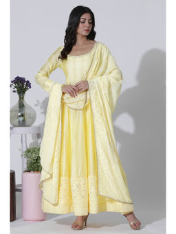WISHFUL by W - Yellow Chanderi Panelled Anarkali Kurta with Churidar and Dupatta (Set of 3)
