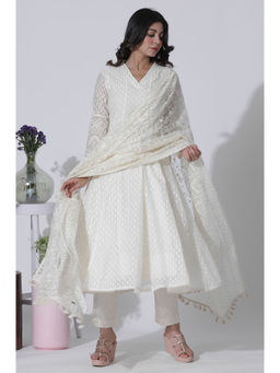 WISHFUL by W - White Cotton Anarkali Embroidered Kurta with Pant and Dupatta (Set of 3)