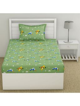 Haus & Kinder - Trendy Prints Cotton 186 TC Single Bedsheet for Kids with 1 Pillow Cover - Green (Single)