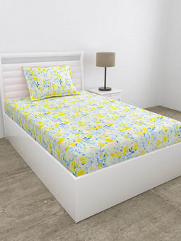 Haus & Kinder - 100% Cotton Single Fitted 186 Tc Bedsheet with Pillow Cover- Floravue- Multicolor