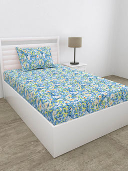 Haus & Kinder - 100% Cotton Single Fitted 186 Tc Bedsheet with Pillow Cover- Everbelle- Blue