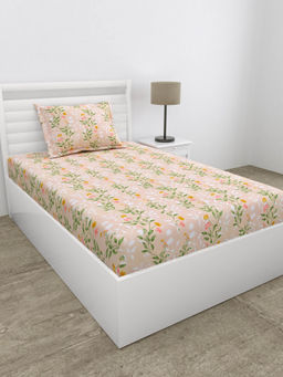 Haus & Kinder - 100% Cotton Single Fitted 186 Tc Bedsheet with Pillow Cover- Noctiflora- Peach