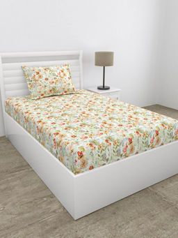 Haus & Kinder - 100% Cotton Single Fitted 186 Tc Bedsheet with Pillow Cover- Petaline- Multicolor