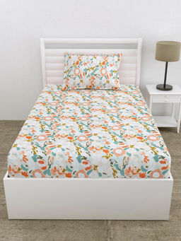 Haus & Kinder - 100% Cotton Single Fitted 186 Tc Bedsheet with Pillow Cover- Blushbloom- Multicolor