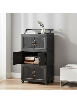 House of Quirk - 3 Layer Foldable Storage Box Cart with Handle & Wheel Cabinet - Black