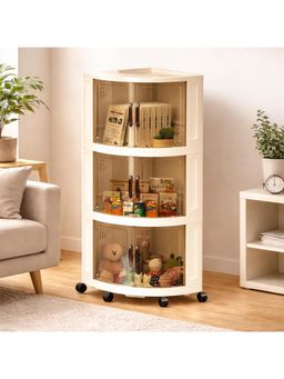 House of Quirk - 3 Layer Corn Foldable Triangular Storage Cabinet with Wheels - Cream