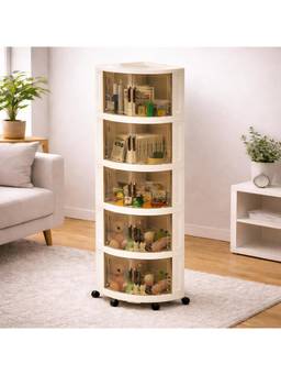 House of Quirk - 5 Layer Corn Foldable Triangular Storage Cabinet with Wheels - Cream