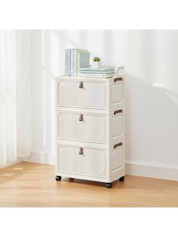 House of Quirk - 3 Layer Foldable Storage Box Cart with Wheels & Handle Portable Cabinet - Off White