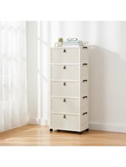 House of Quirk - 5 Layer Foldable Storage Box Cart with Wheels & Handle Portable Cabinet - Off White