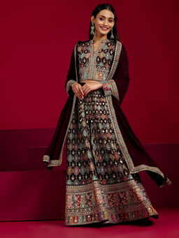 Libas Art - Wine Embellished Palazzo Choli and Solid Dupatta with Embroidered Border (Set of 3)