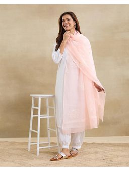 Fabindia - Pink Cotton Silk Blend Embroidered Dupatta