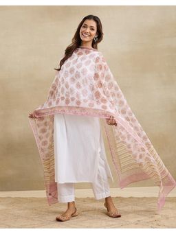 Fabindia - Pink Cotton Silk Hand Block Printed Dupatta