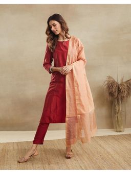 Fabindia - Peach Viscose Silk Blend Embroidered Dupatta