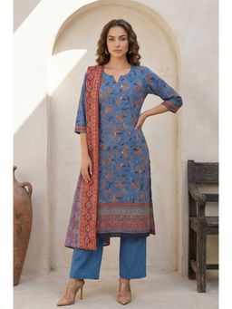 Aurelia - Women Blue Floral Printed Pure Cotton Dupatta