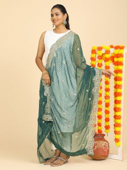 Hella Fashions - Green Embroidered Leheriya Dupatta