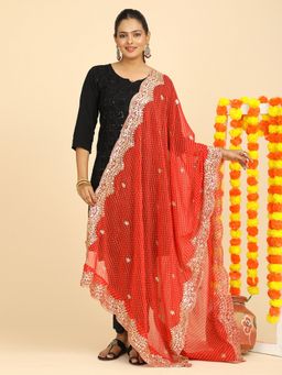 Hella Fashions - Red Embroidered Leheriya Dupatta