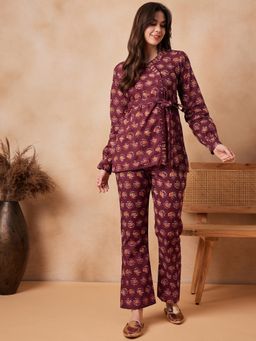 InWeave - Wine Floral Boota Co-Ord with Belt (Set of 3)