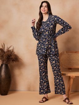 InWeave - Navy Blue Floral Jaal Co-Ord with Belt (Set of 3)